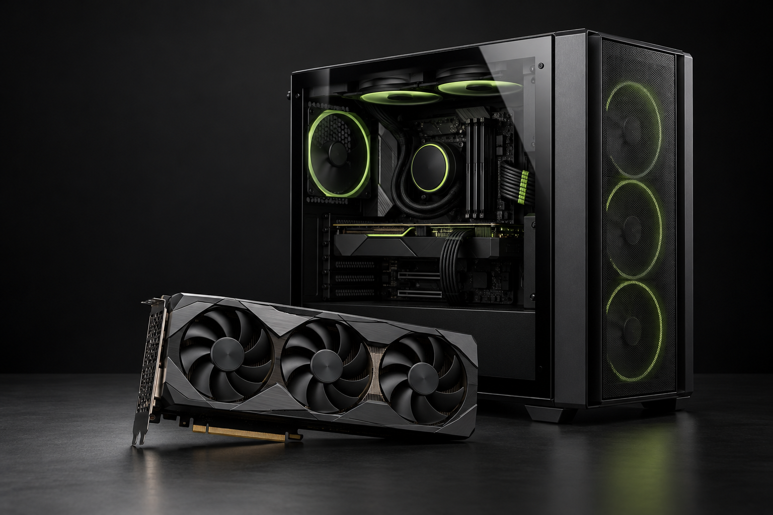 Black workstation and graphics card with subtle lime-green lighting
